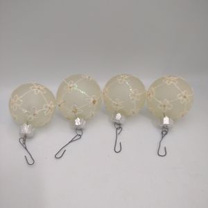 Lot of 4 VTG White Frosted Glass Sparkle Flower Design Christmas Ornament 1 1/2”